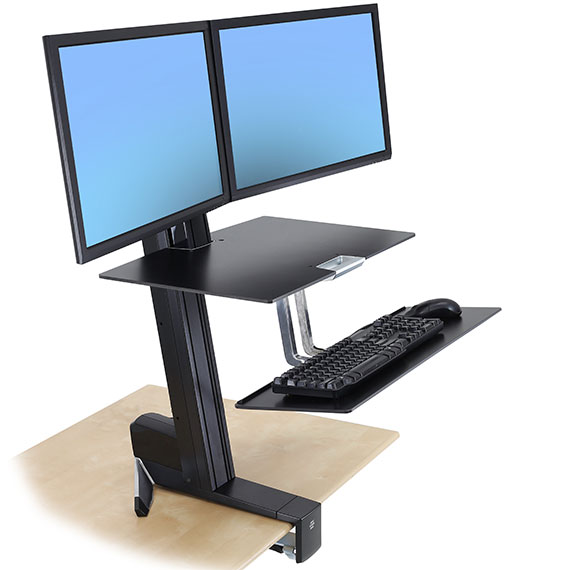 WorkFit-S dual monitor compatibility with two LCD monitors mounted on the monitor arms.