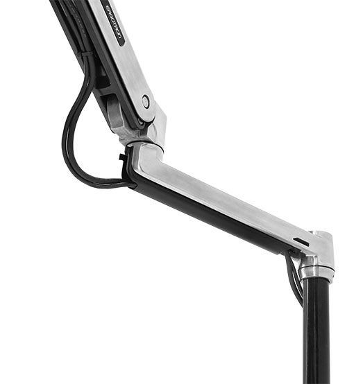 The WorkFit-LX monitor arm, with 360-degree rotation, tilt up to 70 degrees, and pan up to 180 degrees for easy adjustment and customization."