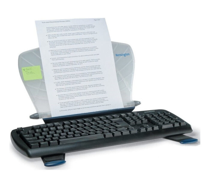 Image of Kensington InSight InLine Copyholder with SmartFit: A copyholder with a document holder mounted on a stand. The stand is adjustable and the copyholder has a SmartFit system that allows for easy customization to the user's viewing angle.