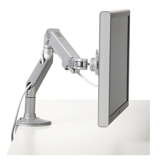Humanscale M8.1 Radial Monitor Arm with polished aluminum finish and white accents.