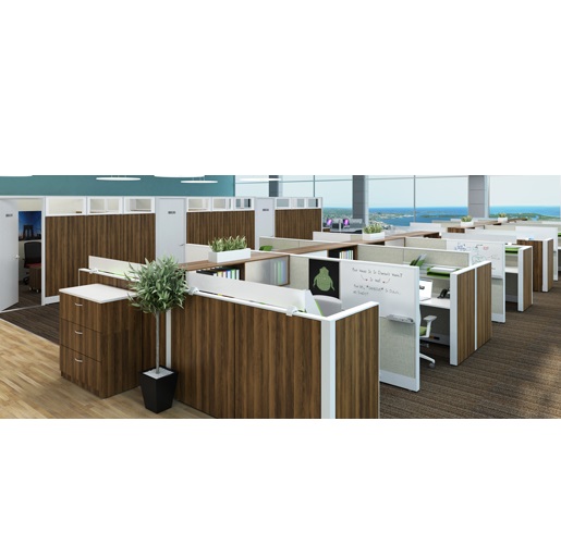 Shared Cosmopolitan workstation with a low panel height, white laminate work surface, and built-in wire management system, allowing for open concept seating and collaboration.