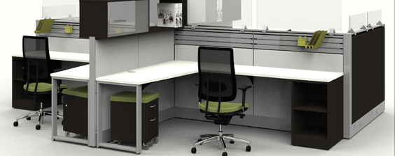 Rectangular Cosmopolitan workstation with white laminate work surface, grey fabric privacy screen, and matching white credenza with storage and seating.
