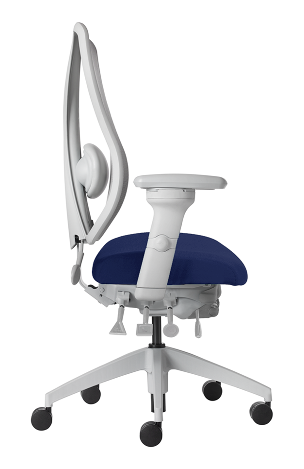 A side view of the tCentric Multi Tilt with Fabric Seat, showing its sleek black frame and ergonomic design.