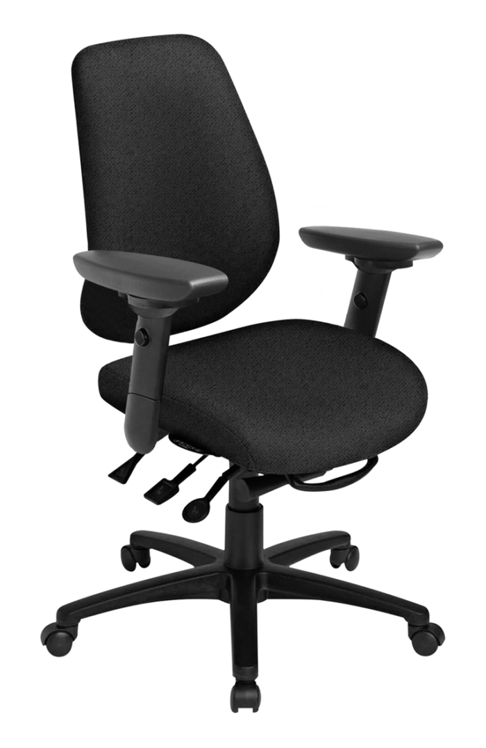 Front view of the Saffron R Multi Tilt – Mid Back chair, featuring a black fabric seat, adjustable armrests, and a pneumatic lift.