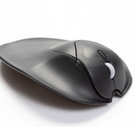 Close-up of the Handshoe Mouse, showcasing it's natural grip and easy accessible buttons and features.