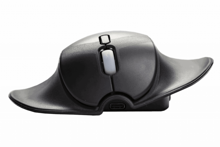 Front view of Handshoe Mouse showing its wide, ergonomic design and wireless capability.